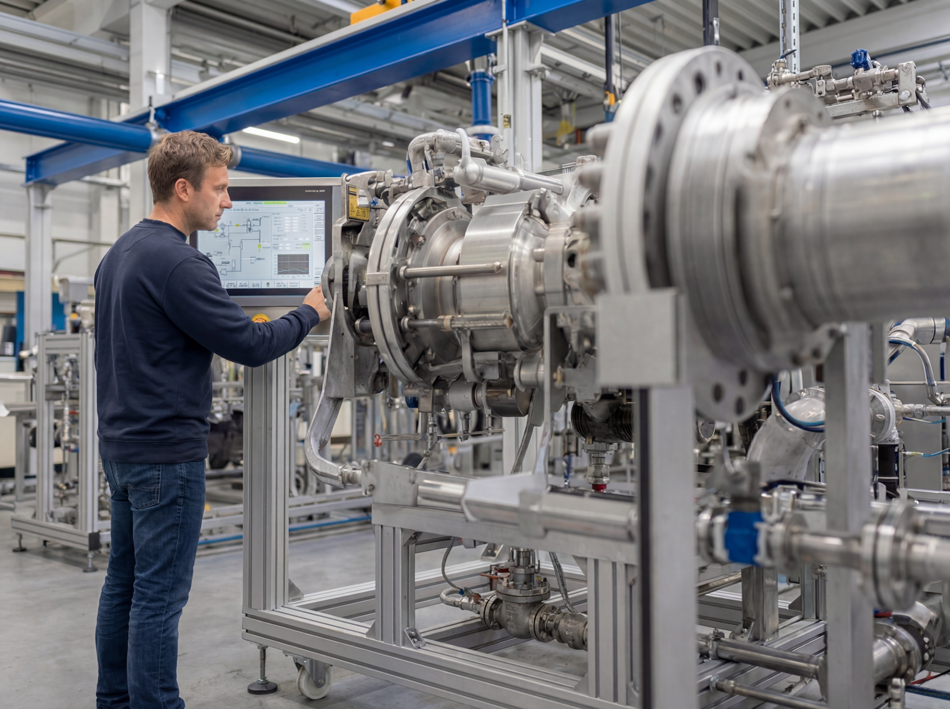 Techniker an Bedienfeld einer großen Industriemaschine